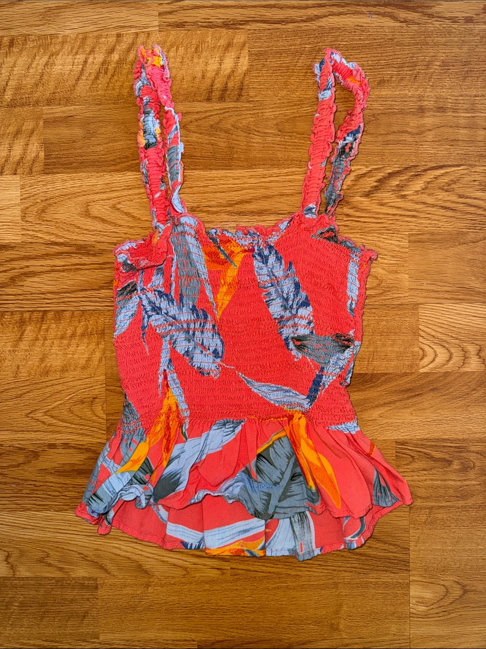 Patrons of Peace Coral Red Tropical Smocked Peplum Camisole
